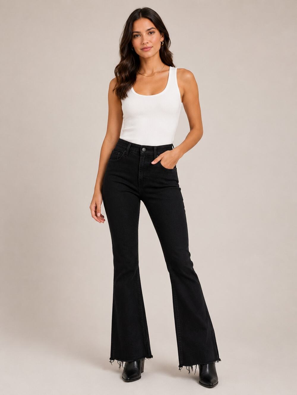 We The Free Raw Hem Denim High Rise Flared Jeans Black 30